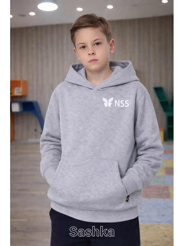 Худі УТЕПЛЕНЕ для хлопчика на флісі сіре з логотипом школи NSS, розмір 116-146